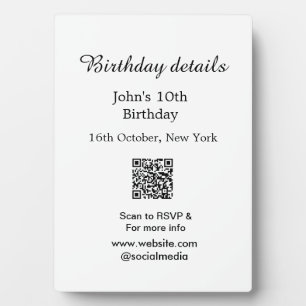 Birthday details 10th birthday scan QR websiteRSVP Plaque
