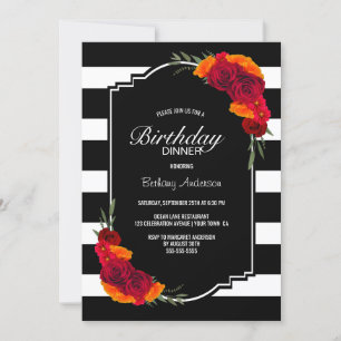 Birthday Dinner Black White Striped Floral Invitation