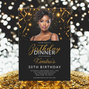 Birthday Dinner Gold and Black Photo Instagram Invitation