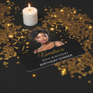 Birthday Dinner Gold and Black Photo Instagram Square Paper Coaster