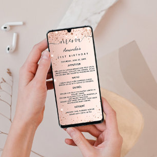 Birthday dinner menu rose gold glitter card