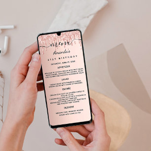 Birthday dinner menu rose gold glitter card