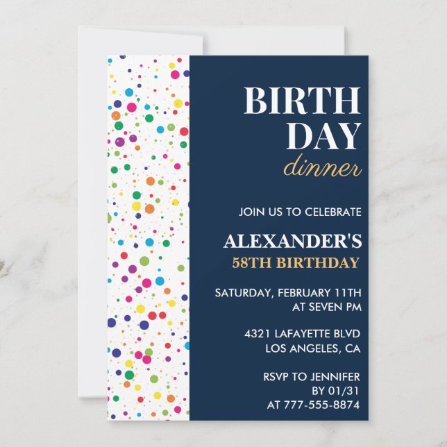 Birthday dinner Navy Blue Confetti 58th birthday Invitation (Front)