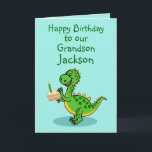 Birthday Dinosaur Grandson Folded Greeting Card<br><div class="desc">A cute card that you can personalise showing a slice of Birthday Cake and Candle and a cute dinosaur holding a slice of cake. Personalise the text and Name and the message inside can be added to,  or removed by following the "personalise this Template" prompt.</div>