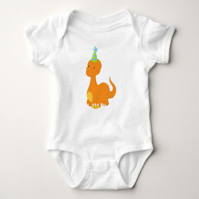 Birthday Dinosaur, Party Dinosaur, Dino, Party Hat Baby Bodysuit (Front)