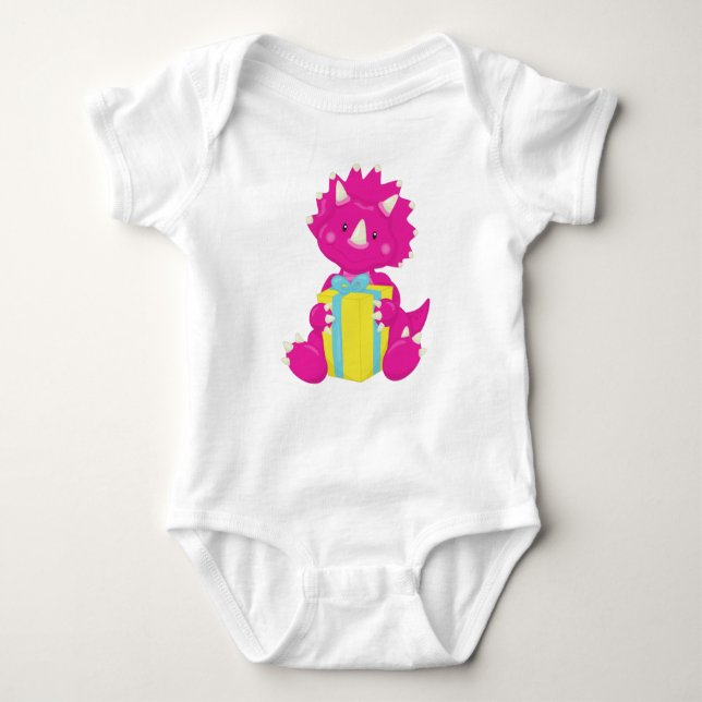 Birthday Dinosaur, Pink Dinosaur, Party Dinosaur Baby Bodysuit (Front)