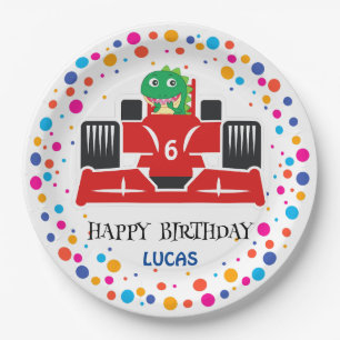Birthday Dinosaur race car boy red racing kid name Paper Plate