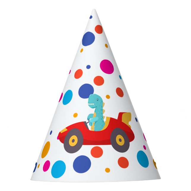 Birthday Dinosaur race car boy red racing kid name Party Hat (Front)