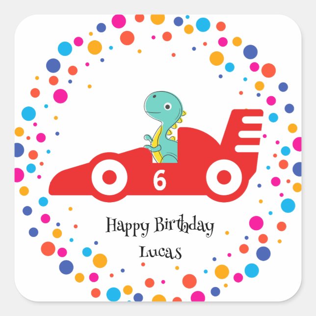 Birthday Dinosaur race car boy red racing kid name Square Sticker (Front)