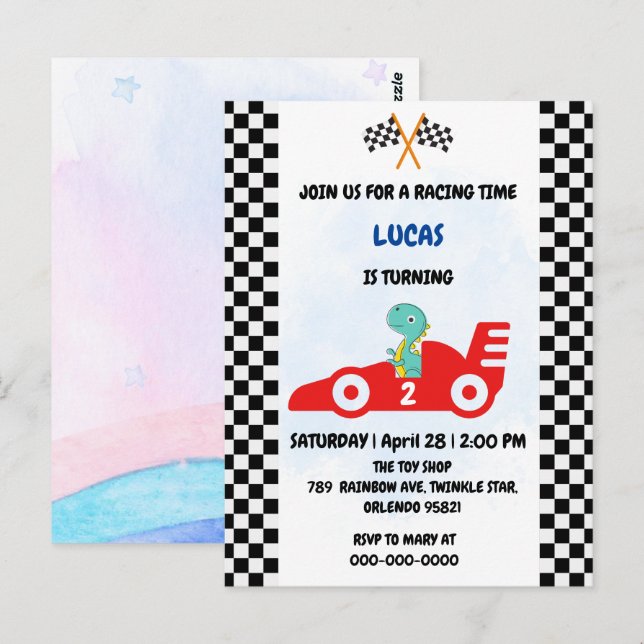 Birthday Dinosaur race car boy red racing kids nam Postcard (Front/Back)