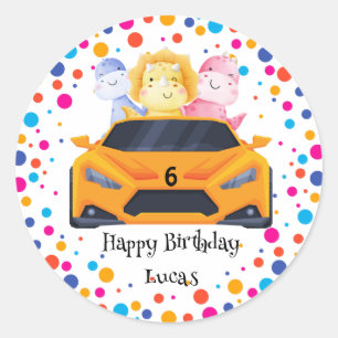 Birthday Dinosaur race car boy yellow racing kid Classic Round Sticker