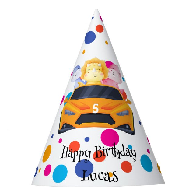 Birthday Dinosaur race car boy yellow racing kid Party Hat (Front)