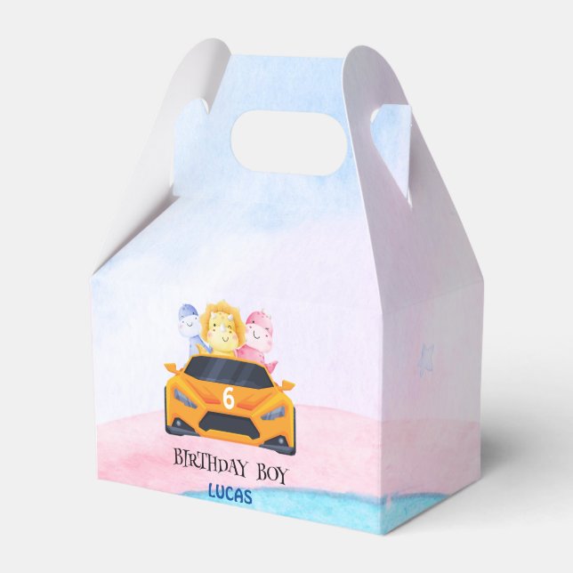 Birthday Dinosaur race car yellow boy kid name Favour Box (Front Side)