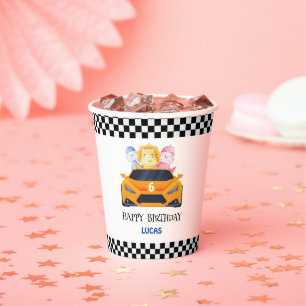 Birthday Dinosaur race car yellow boy kid name Paper Cups