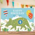 Birthday Dinosaur Triceratops Custom Name Age  Card<br><div class="desc">Say "Happy Birthday" with this cute personalised greetings card, featuring a Triceratops dinosaur, birthday balloons and a friendly bug hiding in the leaves! Comes in a colourful palette of greens, yellow, red, blues and orange, with a fun freeform polka dot pattern on the sides. ♦ To add your custom name,...</div>