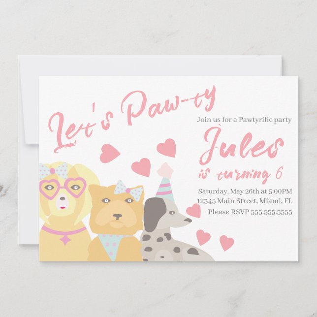 Birthday Dog Paw-ty Party Hearts Valentines Invitation (Front)