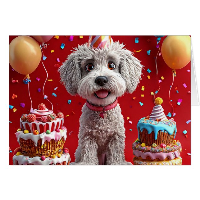 Birthday dog with cake and balloons (Front Horizontal)