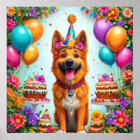 Birthday dog with cake and balloons