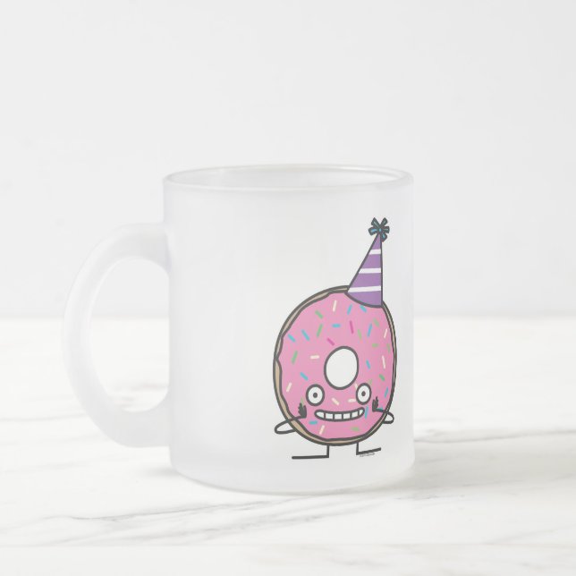 Birthday Doughnut pink icing sprinkles party hat Frosted Glass Coffee Mug (Left)