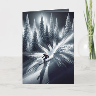 Birthday Downhill Skier In Moonlight Holiday Card