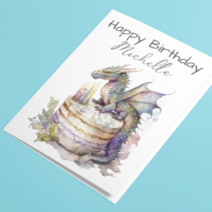 Birthday Dragon Cake Personalised Watercolor  Card