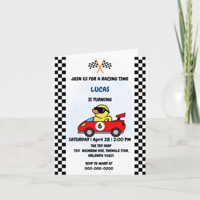 Birthday Duck race car boy red racing kids name Invitation (Front)