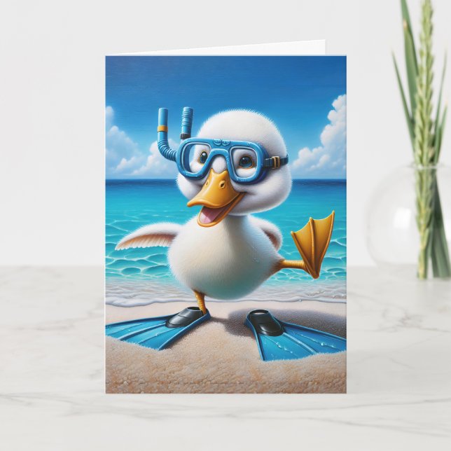 Birthday Duck With Snorkel On Beach Card (Front)
