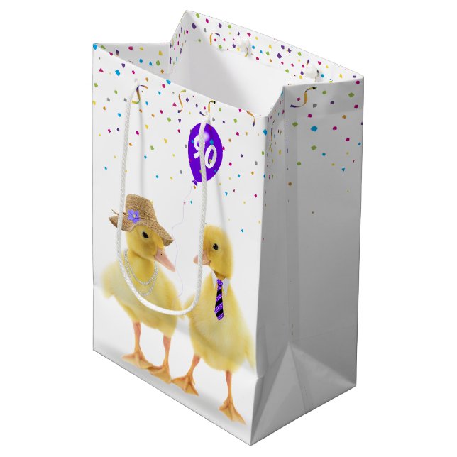 Birthday Ducklings with 90th Birthday Balloon Medium Gift Bag (Front Angled)