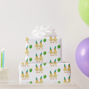 Birthday Ducks with Green Balloon Wrapping Paper
