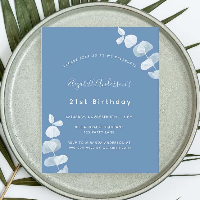 Birthday dusty blue eucalyptus budget invitation (Creator Uploaded)