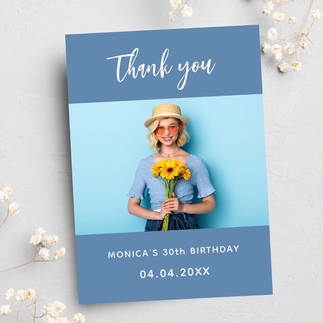 Birthday dusty blue photo simple elegant thank you card (Creator Uploaded)