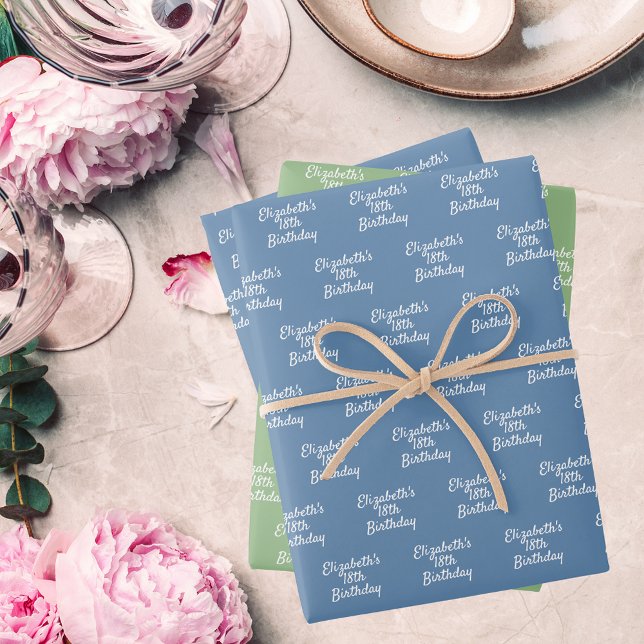 Birthday dusty blue sage green white name wrapping paper sheet (Creator Uploaded)