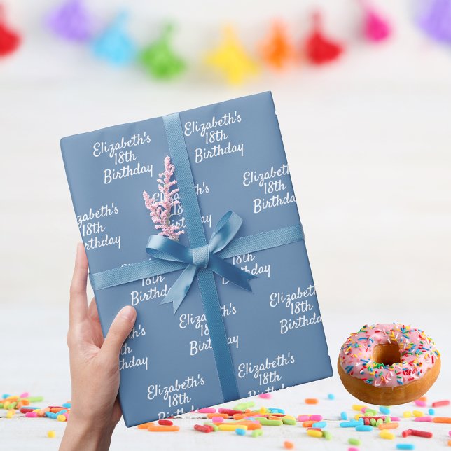 Birthday dusty blue white name wrapping paper (Creator Uploaded)
