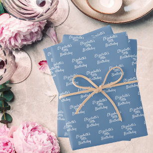 Birthday dusty blue white name wrapping paper sheet