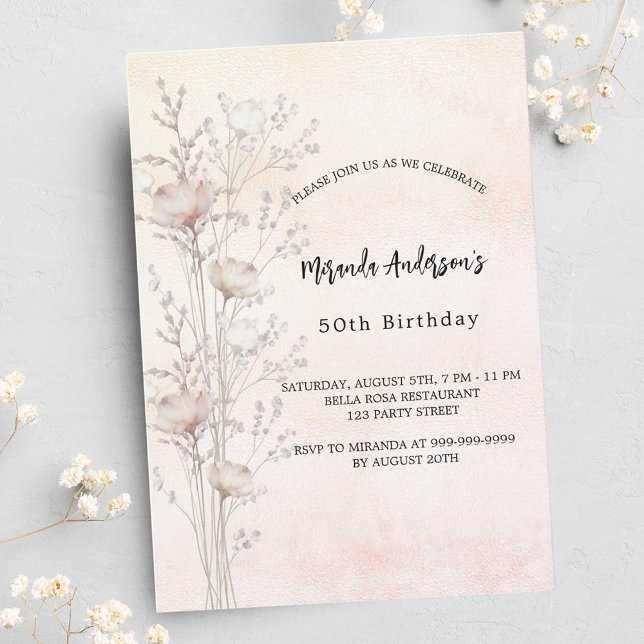Birthday dusty cream wildflowers pink invitation postcard (Creator Uploaded)