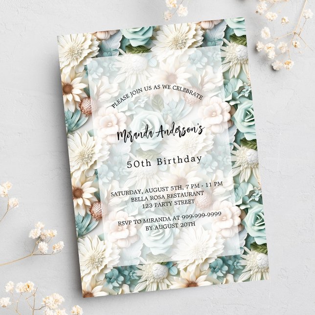 Birthday dusty green white floral invitation postcard (Creator Uploaded)