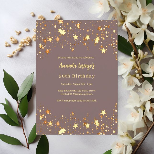 Birthday dusty mauve gold stars invitation (Creator Uploaded)