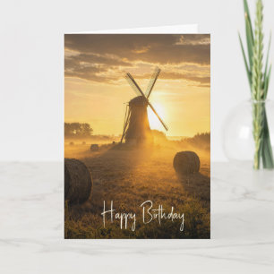 Birthday Dutch Windmill in a Morning Hay Field Card