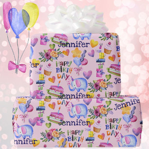 Birthday Elephant Balloons Hearts Add Name Cute Wrapping Paper