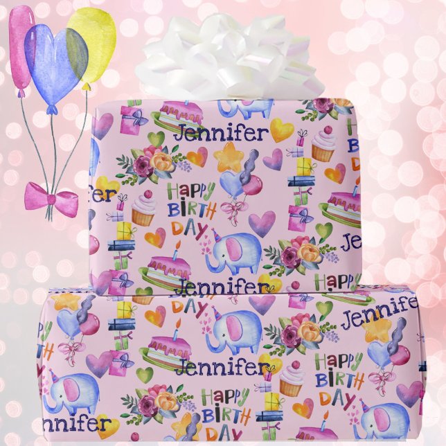 Birthday Elephant Balloons Hearts Add Name Cute Wrapping Paper (Creator Uploaded)