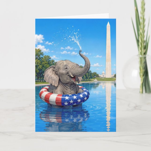 Birthday Elephant Floating in the Reflecting Pool Card (Front)