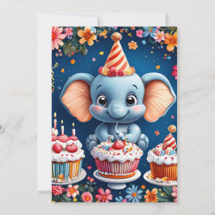 Birthday elephant with cake and balloons invitation