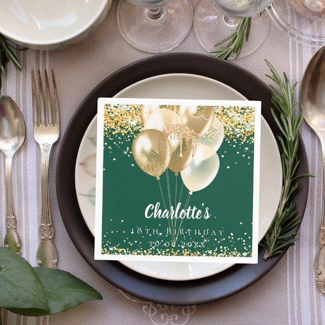 Birthday emerald green gold balloons confetti napkin (Creator Uploaded)