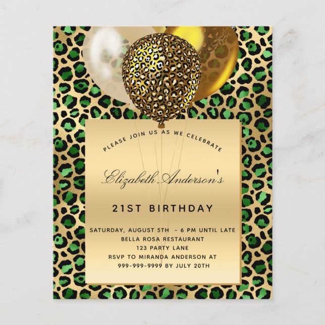 Birthday emerald green leopard gold balloon budget flyer (Front)