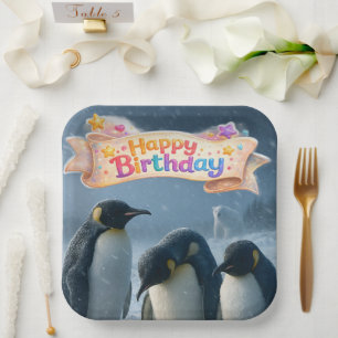 Birthday emperor penguin nine square paper plates