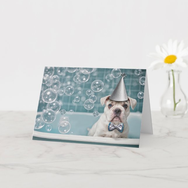 Birthday English Bulldog Cute and Funny in Bath Card (Small Plant)
