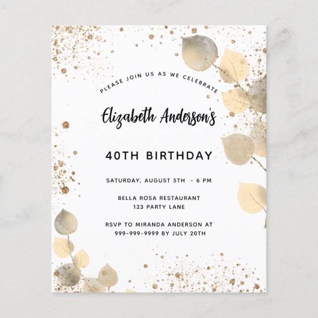Birthday eucalyptus foliage gold budget invitation flyer (Front)