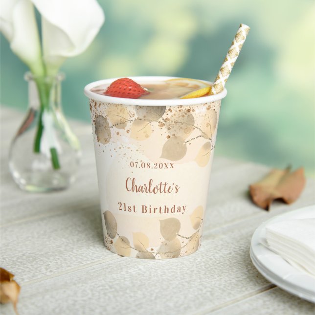 Birthday eucalyptus glitter gold monogram  paper cups (Insitu)