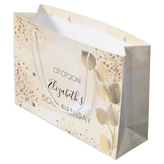 Birthday eucalyptus glitter golden monogram large gift bag (Back Angled)