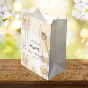 Birthday eucalyptus glitter golden monogram medium gift bag